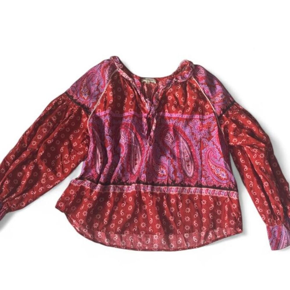 70s Inspired Hippie Boteh Red and Pink Boho Print Peasant Top